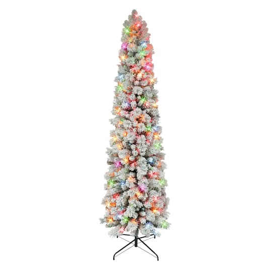 7.5Ft Pre-Lit Flocked Portland Pine Artificial Pencil Tree, Multicolor Lights By Puleo International in Green | 25" x 90" | Michaels®